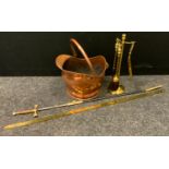 A copper coal scuttle; a brass companion set; a Rapier sword, Toledo, Spain; a haberdashery brass