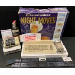 Vintage Computing - a Commodore 64 Night Moves computer, data cassette, cheetah Exterminator joy