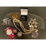 Jewellery & Militaria - an RAF narrow dress hat with badge, WWII defence medal, two silver medal