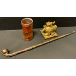 An early 20th century telescopic opium pipe, floral gilt decorated barrel; dice shaker, etc