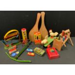 Toys - A West German Tecnofix tin plate clockwork bus; others cars; tank ; ball bearing hoop,