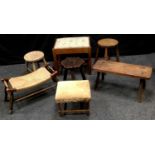 Two Victorian pine stools; a Victorian oak long stool; another, hexagonal seat; a raffia seated
