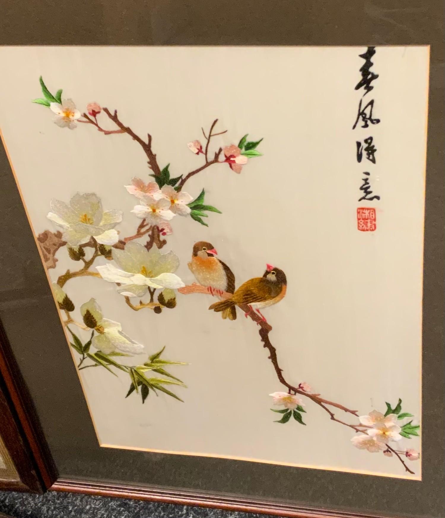 A leather Gladstone bag; oriental needlework panel, birds perched on a branch; scroll etc - Bild 2 aus 6