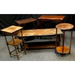An Edwardian oak jardiniere stand, square top and undertier, turned and blocked supports; an
