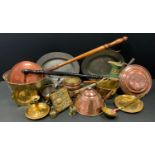 Metalware - a pair of pewter oval platters, copper Arts & crafts kettle, jam pan, chamber stick,