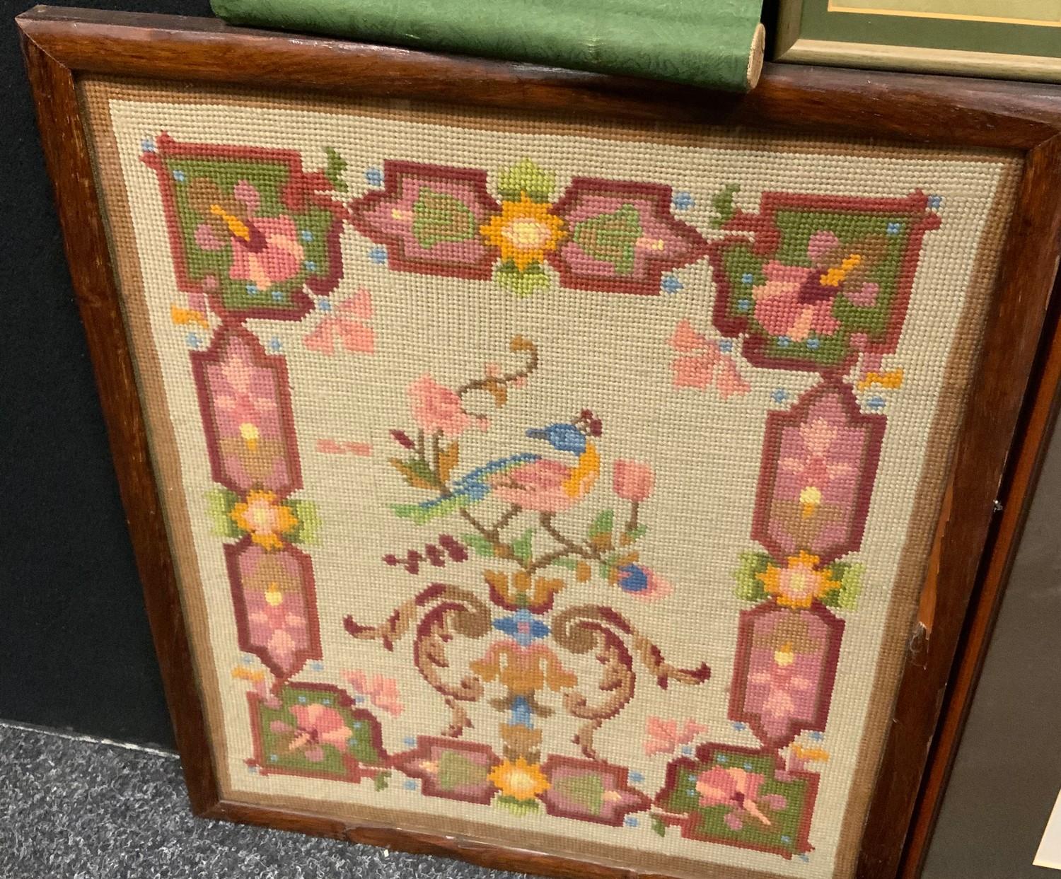 A leather Gladstone bag; oriental needlework panel, birds perched on a branch; scroll etc - Bild 3 aus 6