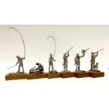 A set of six silver limited edition figures including The Poacher, 355/1000; The Shot, 332/1000; The