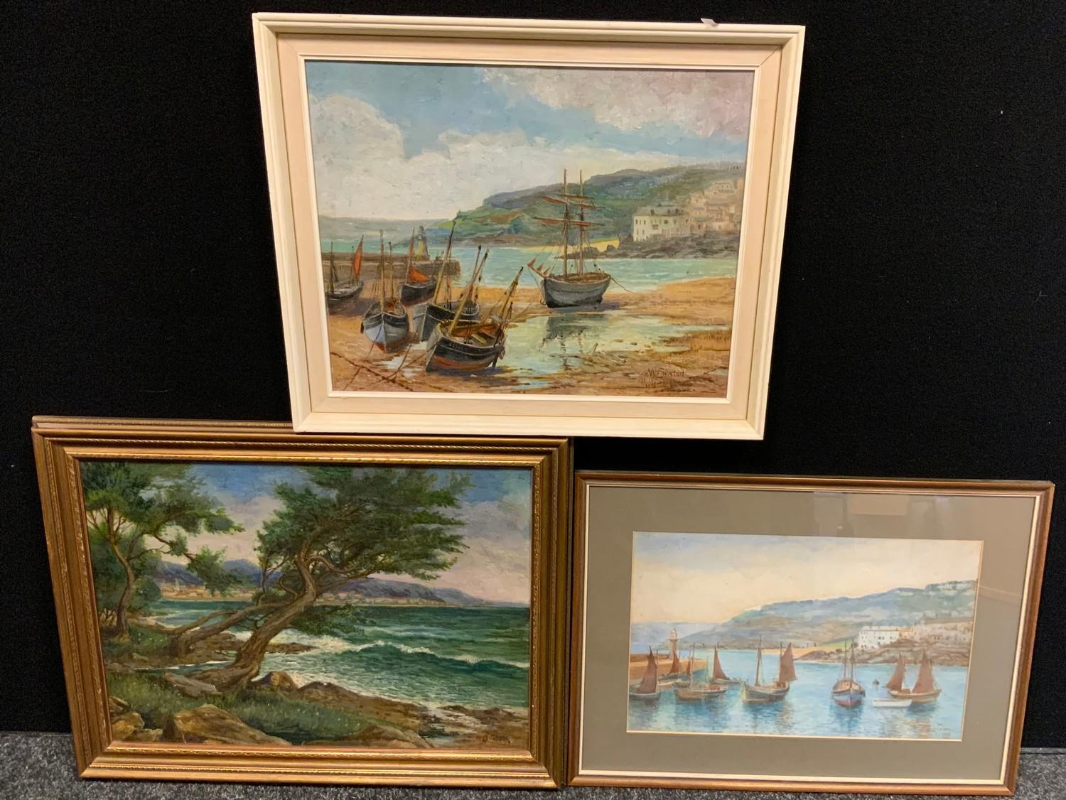 W H Buxton, St Ives, Boats at Rest, oil on board, signed, dated 1951, 39cm x 49cm; others (3)