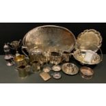 A Victorian silver plated three piece tea set; oval tray, salver; castor etc