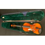 A modern violin, back 37.5cm long, cased with bow