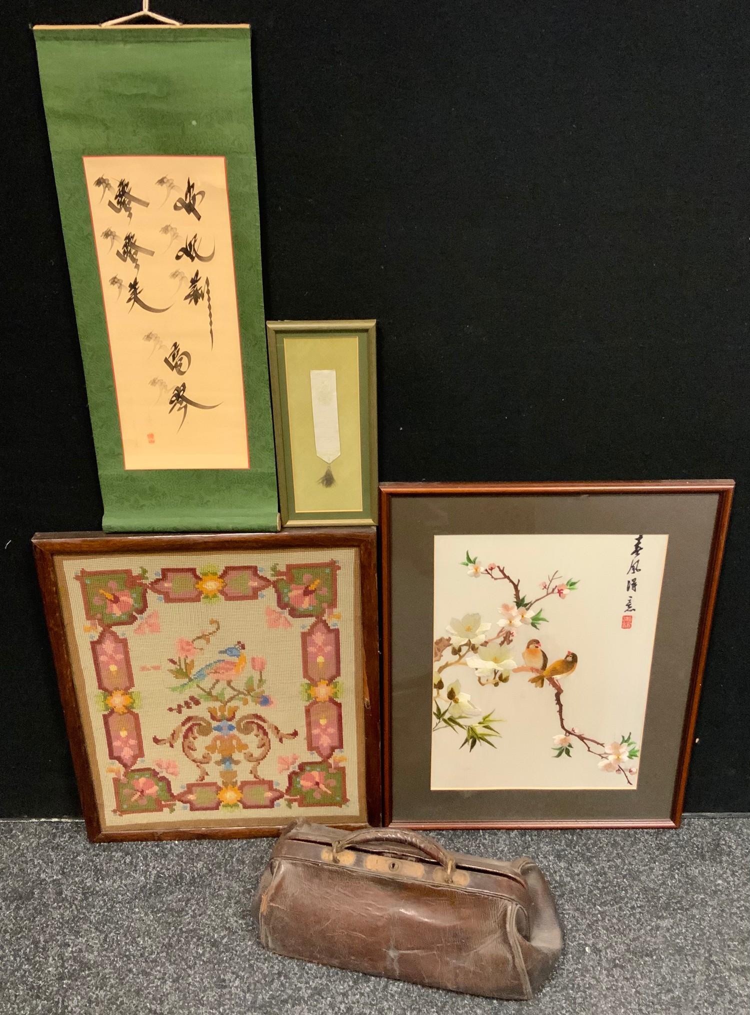 A leather Gladstone bag; oriental needlework panel, birds perched on a branch; scroll etc