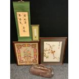 A leather Gladstone bag; oriental needlework panel, birds perched on a branch; scroll etc