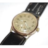 A J W Benson gentleman's gold watch , Arabic numerals, leather strap, cased