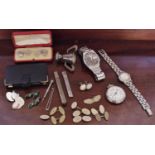 A pair of silver cufflings, cased; chrome pocket watch; other watches; an aide memoire; etc