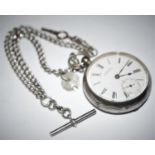 A Victorian silver open face pocket watch, hallmarked, silver fob chain with keys en suite