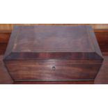 A 19th century mahogany sarcophagus shaped work box, satinwood strung, rosewood crossbanded, ring