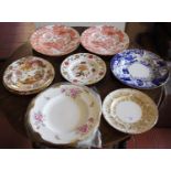 A set of three Royal Crown Derby Pinxton Rose dinner plates, scroll borders, printed marks;