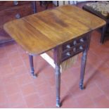 A Regency mahogany drop-leaf rounded rectangular work table, the crossbanded top above two long