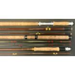 A Hardy Jet 2 piece 8'9" rod; a Hardy Carbon Match 13' 3 piece rod; a Hardy #10 Salmon Fly 3 piece