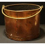 A large 19th century riveted copper log bin with brass swing handle, 28.5cm high excluding handle
