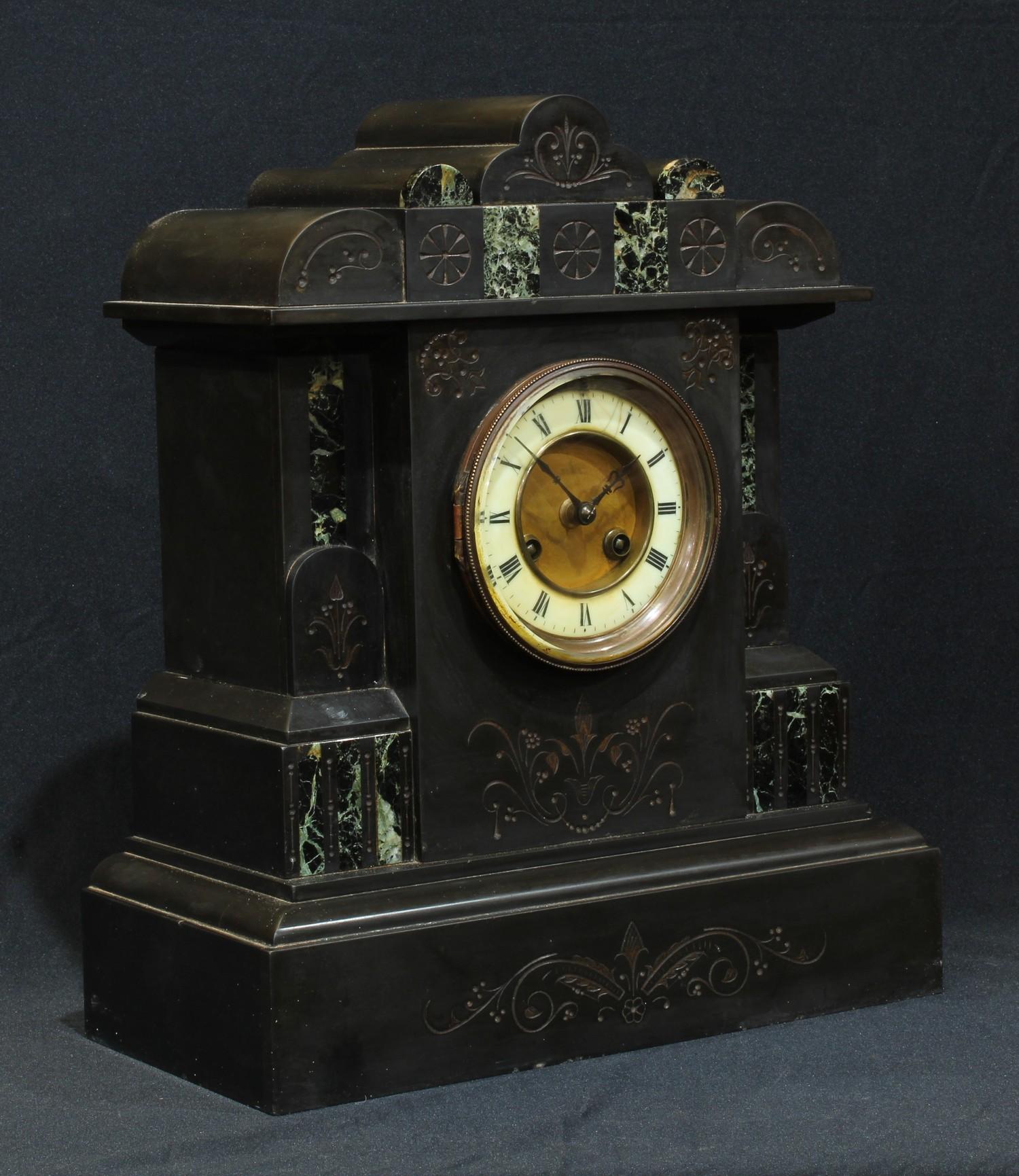 A Victorian black slate noir belge mantel clock, 37cm high, 32cm wide - Image 2 of 2