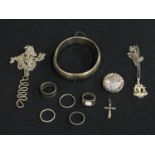 Jewellery - a hallmarked silver bangle, silver pendants, rings, a brooch