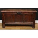 An 18th century oak blanket chest, hinged rectangular top enclosing a till, above a three panel