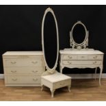 A contemporary French style bedroom suite, comprising dressing table, chest of three long drawers