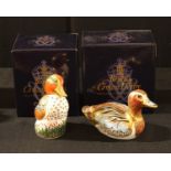 A Royal Crown Derby paperweight, Collector's Guild Duck, gold stopper, boxed; another, Green