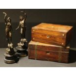 A Victorian rosewood jewellery box, c.1860; another; a pair of late 19th century spelter figures, La