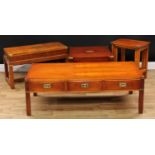A yew veneered campaign inspired coffee table, three frieze drawers, blind to verso, 41cm high,