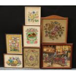 Needlework and tapestry panels, floral subjects, etc, all framed (7)