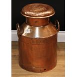 A coated copper milk churn, Aplin & Barrett Ltd, Yeovil, numbered 27841, the cover marked MMB and