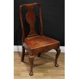 A George II mahogany side chair, bow cresting rail, vasular splat, boarded seat, serpentine apron,