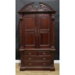 A 19th century style mahogany press cupboard or wardrobe, outswept cornice above a pair of panel