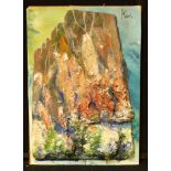 KW Mountain Landscape watercolour and relief bears initials and indistinct pencil inscription to