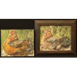J Crichton Mother Hen signed with initials, oil on board, 19cm x 24cm; another (2)