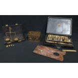 Boxes and Objects - a Victorian Reeves paint box; a cased set of scales; a Daily Mail tinplate