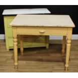 An early 20th century painted country cottage kitchen side table, drawer to frieze, 76cm high,