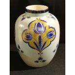 An H&K Tunstall ovoid vase, painted with tulips on a blue lustrous ground, 23cm, printed mark in