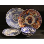 Ceramics - a blue and white Chinese dish; an Imari dish; a blue and white bowl and plate (4)