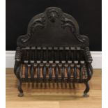 A 19th century style cast iron fire basket or fire grate, the shaped back cast with a shell and