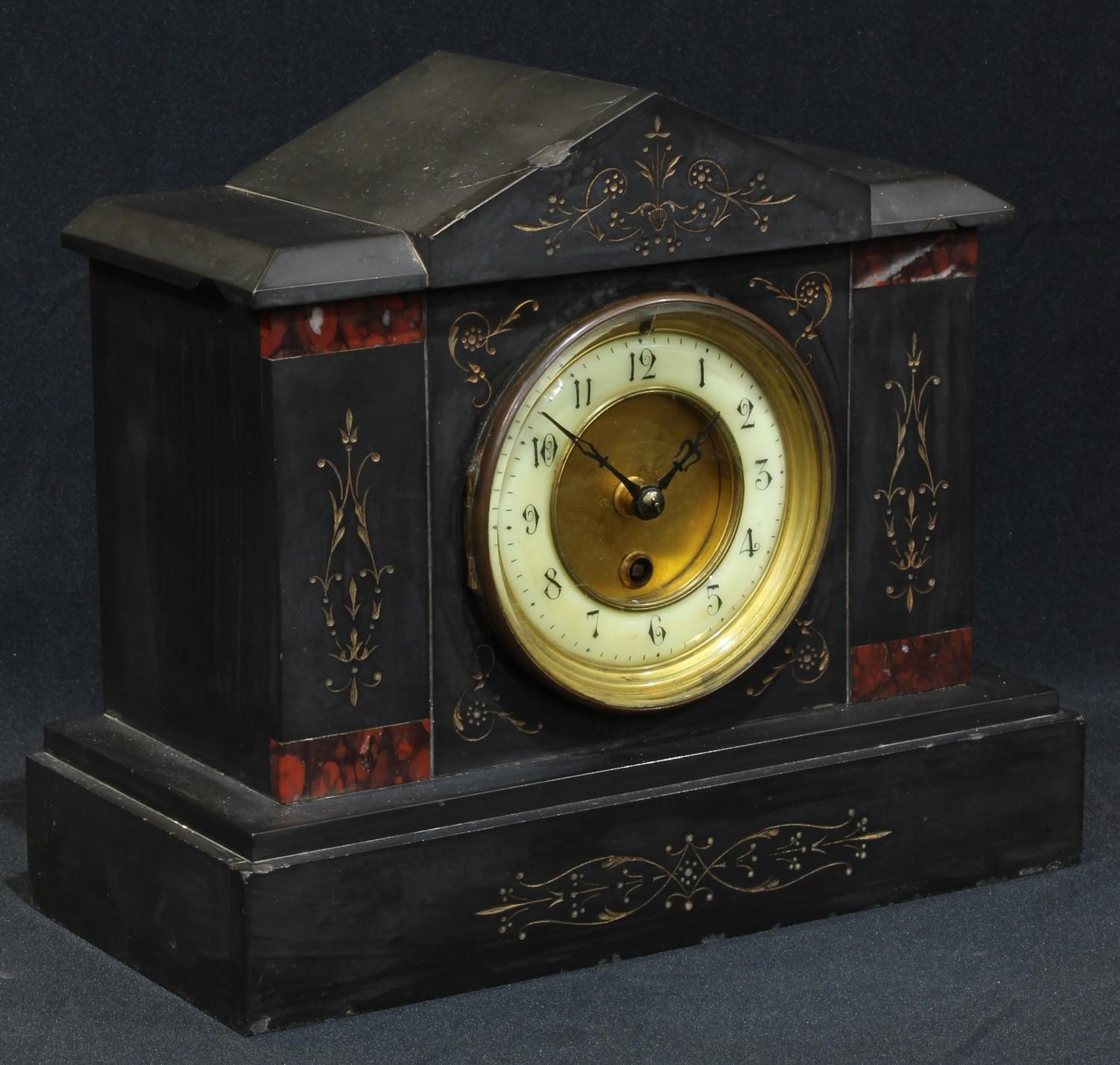 A Victorian black slate noir belge mantel clock, 24cm high, 28cm wide - Image 2 of 2