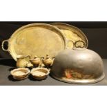 A large 19th century plated meat dome; an oval gallery tray; another, two handled tray; wine