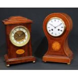 An early 20th century mahogany and parquetry dome-top mantel clock, 10cm circular dial with Roman