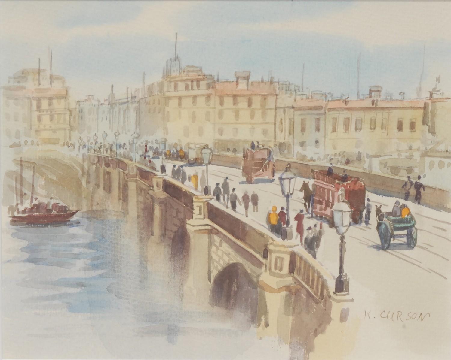K**Curson (20th century) Horse Trams crossing a Bridge signed, watercolour, 20cm x 25cm
