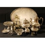 Plated Ware - an EPNS gallery tray, die stamped field, claw feet, an EPBM four piece tea service;