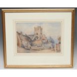 English School (early 20th century) Town Church and Thatched House watercolour, 23.5cm x 34cm