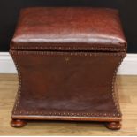 A 'Victorian' waisted rectangular box stool or ottoman, hinged seat, skirted base, cupped casters,