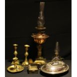 A late 19th/early 20th century brass and copper oil lamp, F. S. & Co.; a pair of ejector